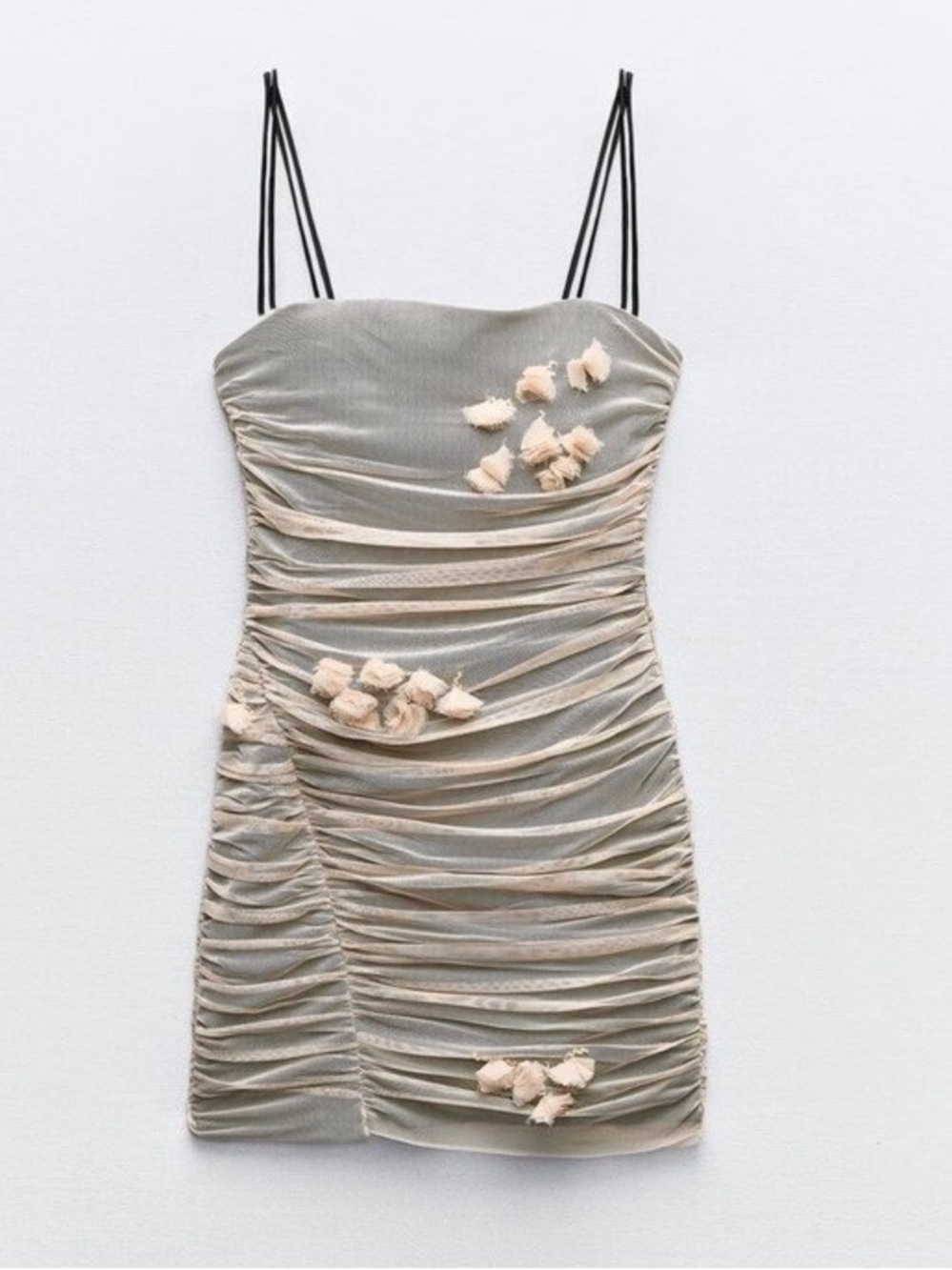 Zara Women's Ruched Slip Dress with Floral Appliqué - Beige XS